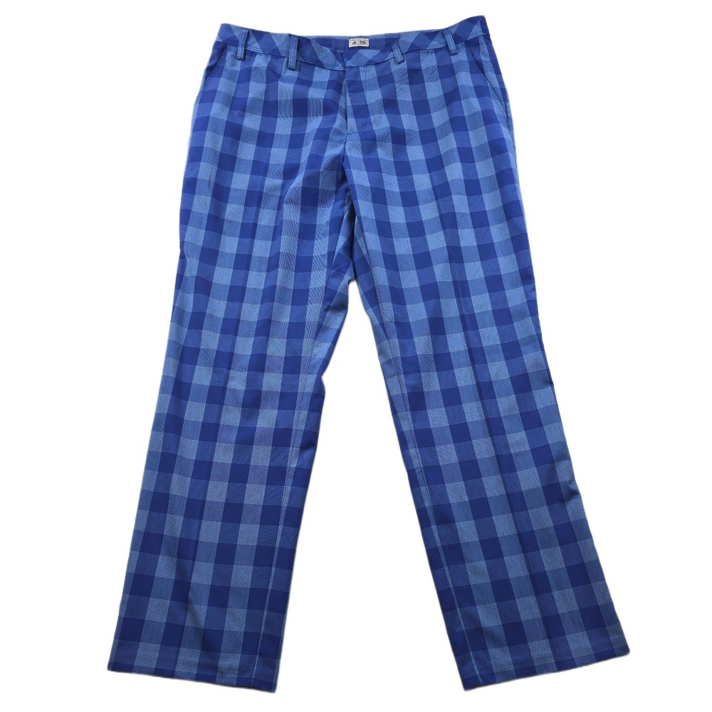 Adidas Golf Pants Mens 38x32 Blue Buffalo Plaid Check Performance Flat Front